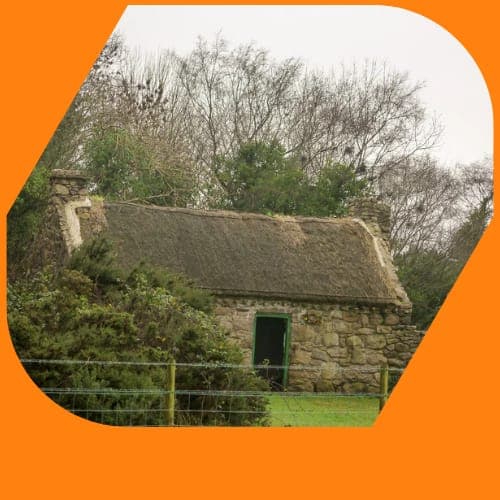 A derelict thatched stone cottage before a DantX renovation